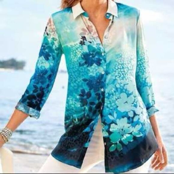 Soft Surroundings Multi Color Silk Jolene Button Down Blouse Size Large - Picture 1 of 5